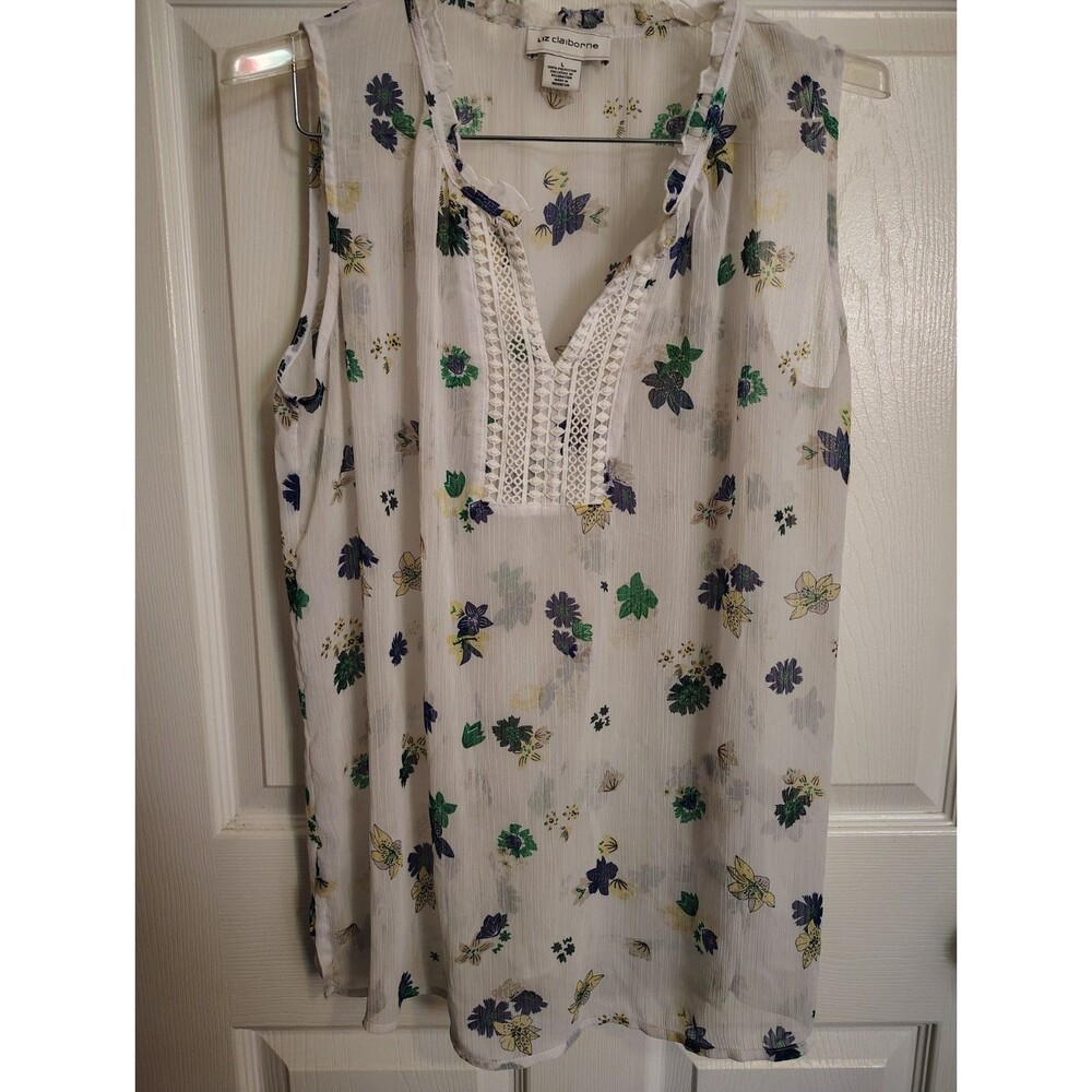 Liz Claiborne Women’s White Floral Sheer Chiffon Lace V-Neck Sleeveless Blouse L